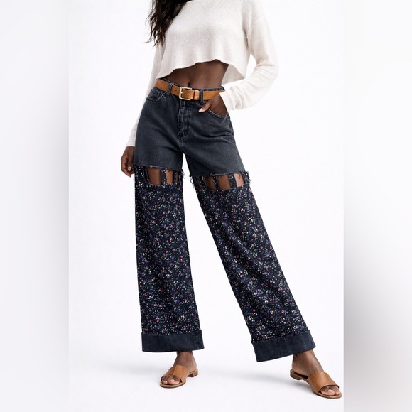 Upcycled Denim & Organic Cotton Floral Pants, Wide Leg Boho Patchwork Trousers S - Picture 3 of 15